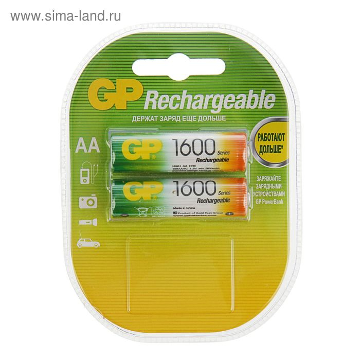 Аккумулятор GP, Ni-Mh, AA, HR6-2BL, 1.2В, 1600 мАч, блистер, 2 шт.
