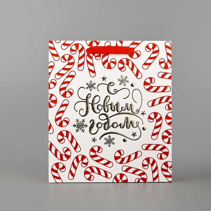 Пакет подарочный новогодний ламинированный &laquo;Новогодние леденцы&raquo;, тиснение, M 30 х 26 х 9 см, Новый год