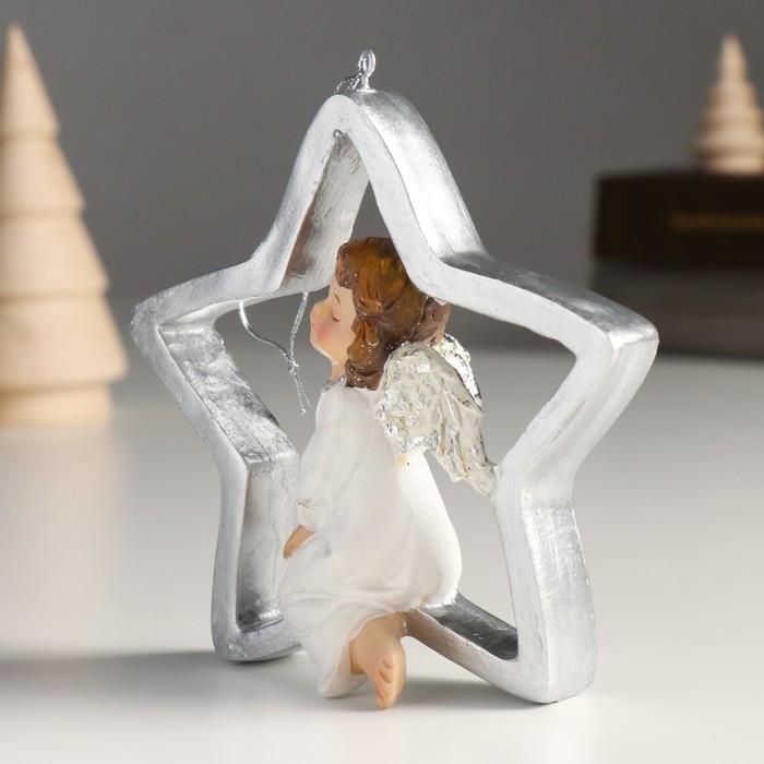 Сувенир полистоун подвеска Сувенир полистоун подвеска "Ангелочек на звёздочке" серебристые крылья 4,5х11х11 см