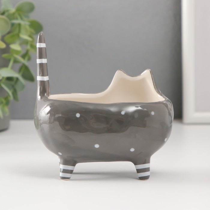 Сувенир керамика подставка "Серый упитанный котик с цветами" 11,2х7,6х11,8 см