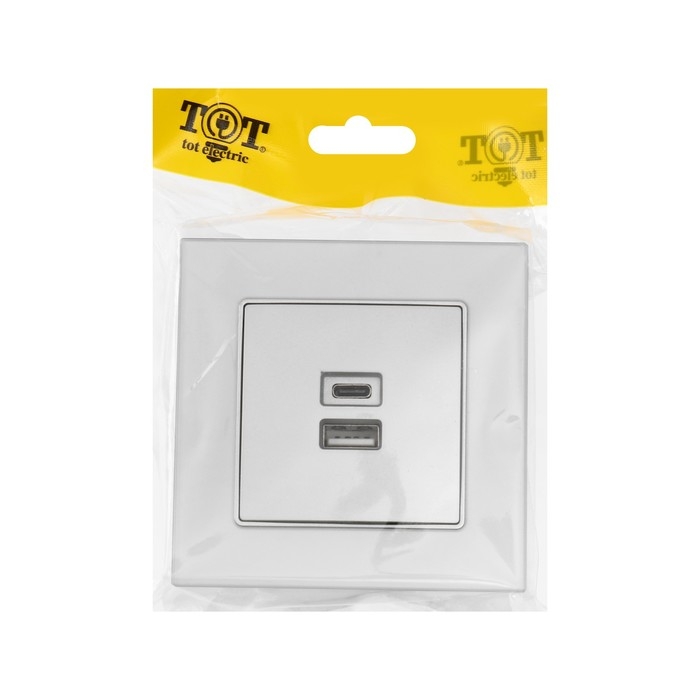 Розетка с USB-A + USB-C разъёмами, 2.1 A, 5В, TOT Matte Glass, скрытая, стекло, серебристая 104396 Розетка с USB-A + USB-C разъёмами, 2.1 A, 5В, TOT Matte Glass, скрытая, стекло, серебристая 104396
