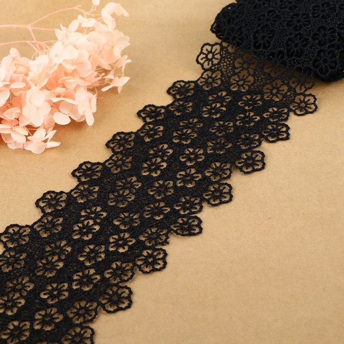 Кружево гипюровое, 80 мм &times; 6,8 &plusmn; 0,5 м, цвет чёрный