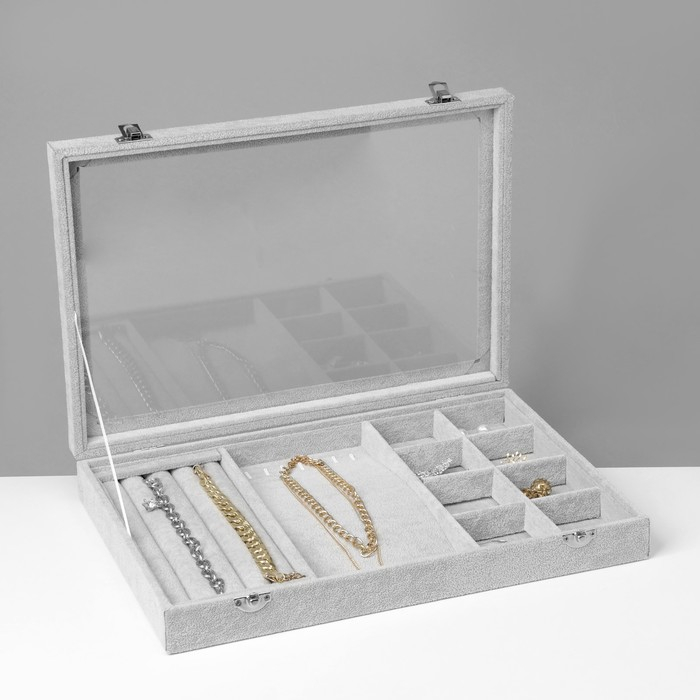 Подставка для украшений «Шкатулка» 4 полосы, 7 крючков, 8 ячеек, стеклянная крышка, цвет серый Подставка для украшений «Шкатулка» 4 полосы, 7 крючков, 8 ячеек, стеклянная крышка, цвет серый