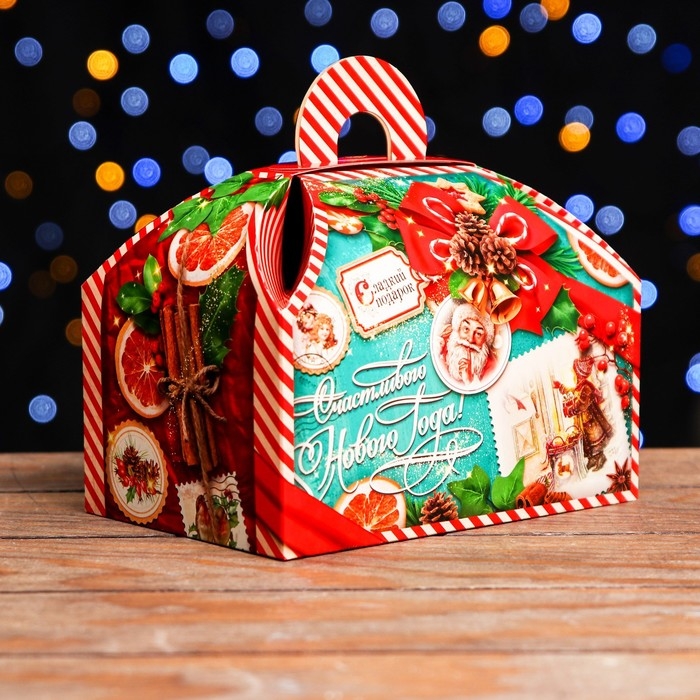 Новый год. Коробка подарочная складная "Изумрудный Винтаж" 19,5 х 13 х 14 см.