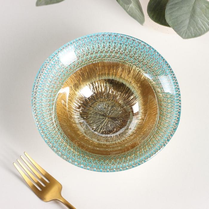 Салатник стеклянный &laquo;Морион&raquo;, 450 мл, d=16 см, цвет голубой с золотом