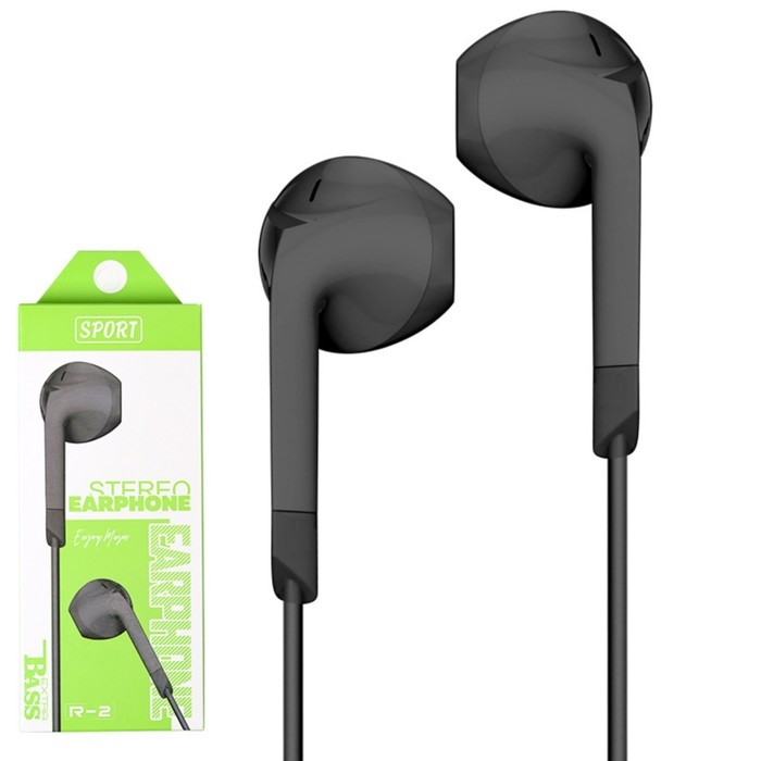 Наушники R-2, проводные, вкладыши, микрофон 1 м, Jack 3.5 мм, чёрные Наушники R-2, проводные, вкладыши, микрофон 1 м, Jack 3.5 мм, чёрные