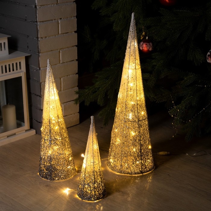 Светодиодная фигура &laquo;Серебристые конусы&raquo; 30, 45, 60 см, текстиль, металл, 220 В, свечение тёплое белое