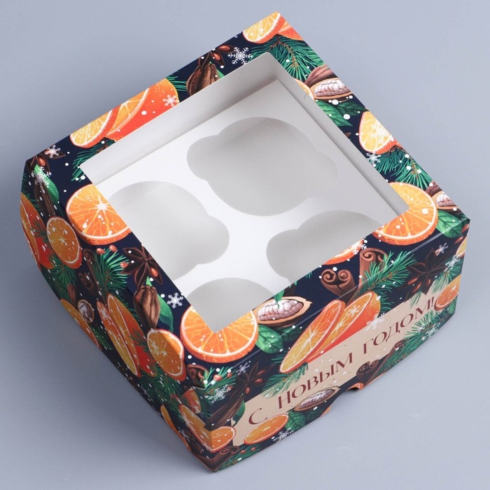 Коробка складная на 4 капкейков с окном &laquo;Пряности&raquo;, 16 х 16 х 10 см, Новый год