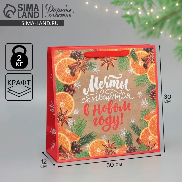 Пакет подарочный новогодний крафтовый квадратный &laquo;Мечты&raquo;, 30 х 30 х 12 см, Новый год