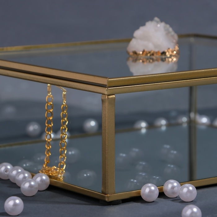 Органайзер для хранения &laquo;MOUNTAINS&raquo;, с крышкой, стеклянный, с зеркальным дном, 1 секция, 15 &times; 15 &times; 8,5 см, цвет прозрачный/медный