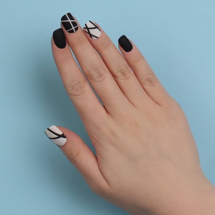 Накладные ногти &laquo;Black&raquo;, 12 шт, с клеевыми пластинами, форма мягкий квадрат, цвет чёрный/белый