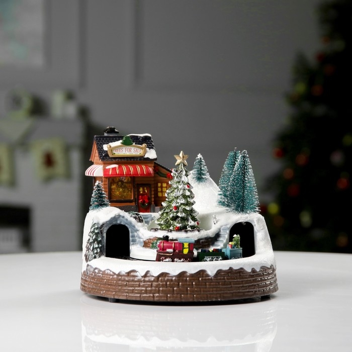 Светодиодная фигура &laquo;Поезд и ёлка&raquo; 20 &times; 20 &times; 16 см, полистоун, батарейки ААх3 (не в комплекте), USB, свечение тёплый белый