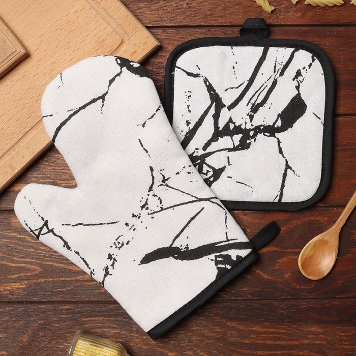 Куханный набор 2 пр. Доляна цвет белый прихватка  17*17 см, варежка 26*16 см,100% п/э