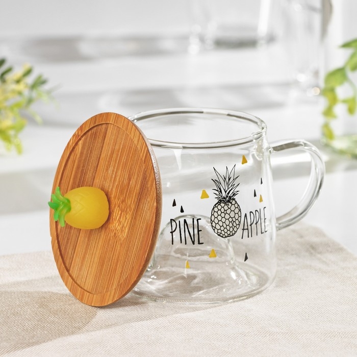 Кружка стеклянная с деревянной крышкой «Ананасик», 300 мл Кружка стеклянная с деревянной крышкой «Ананасик», 300 мл