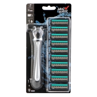 Бритвенный станок + 10 сменных кассет с 3 лезвиями с увлажняющей полоской Бритвенный станок + 10 сменных кассет с 3 лезвиями с увлажняющей полоской