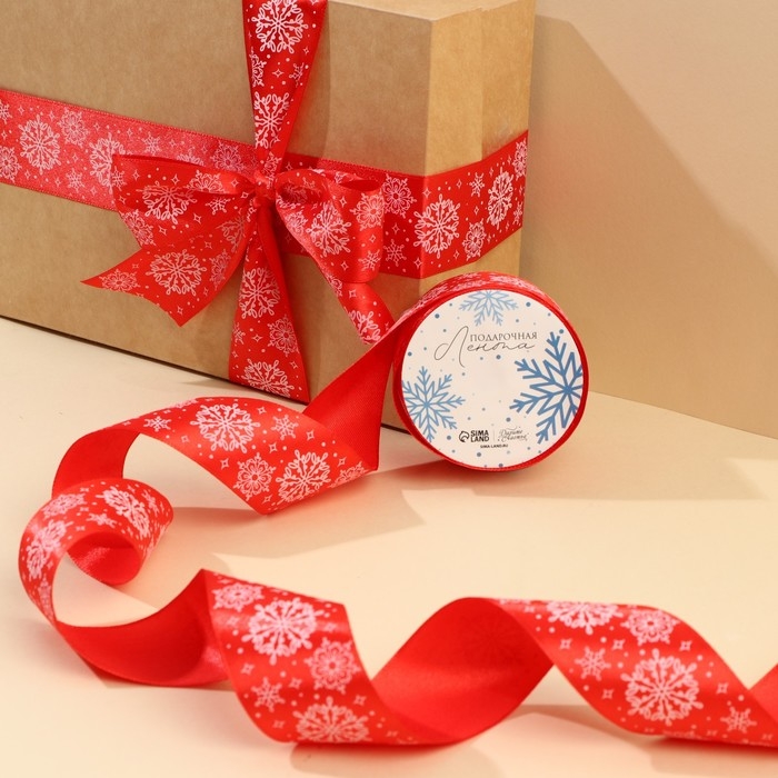 Лента атласная &laquo;Снежинки&raquo;, красная, 4 см х 5 метров