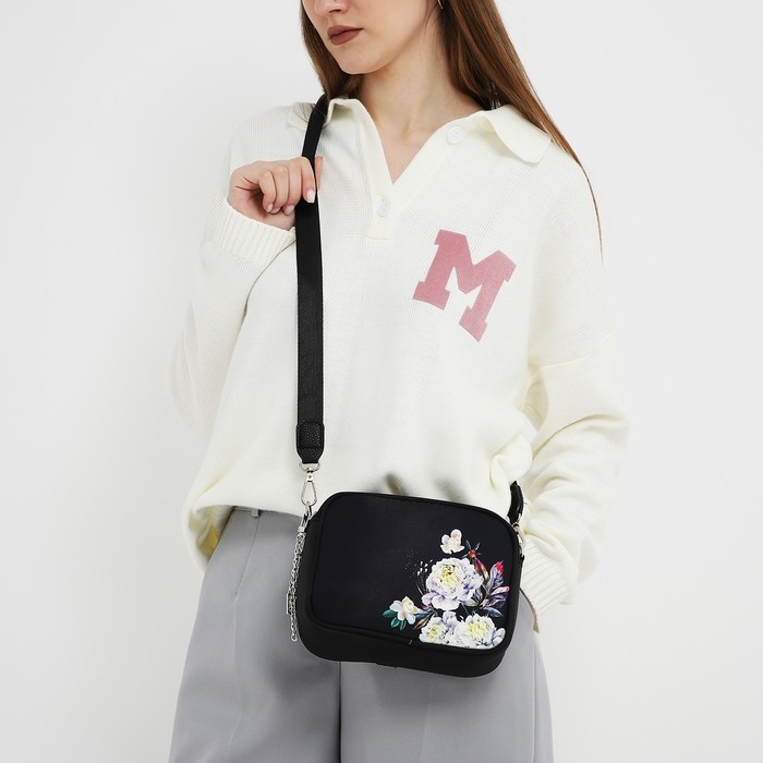 Сумка женская текстильная &laquo;Цветы&raquo;, 19х14х6 см, чёрный