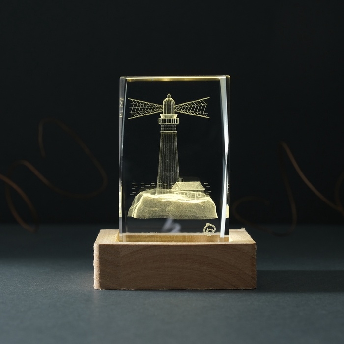 Сувенир стекло подсветка Сувенир стекло подсветка "Прямоугольник. Маяк" подставка дерево, USB 7х7х10