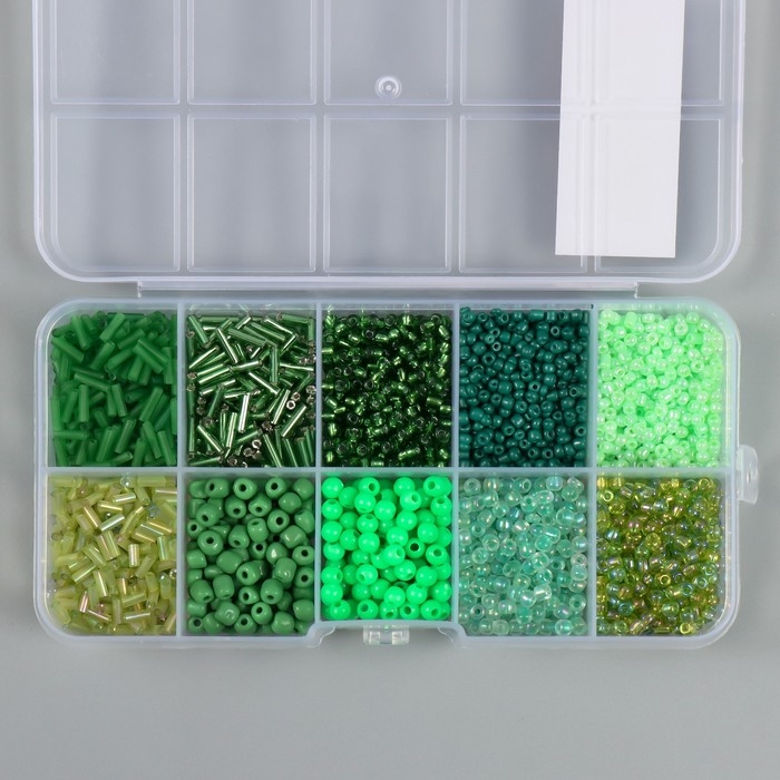 Бисер стекло 2/0, 6/0, 8/0, 12/0 в шкатулке Бисер стекло 2/0, 6/0, 8/0, 12/0 в шкатулке "Зелёный" стеклярус 12,5х6,5х2 см
