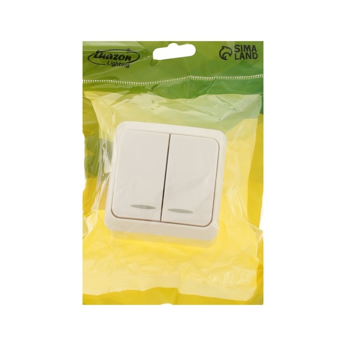 Выключатель Luazon Lighting "Лига", 10 А, 2 клавиши, накладной, c подсветкой, белый