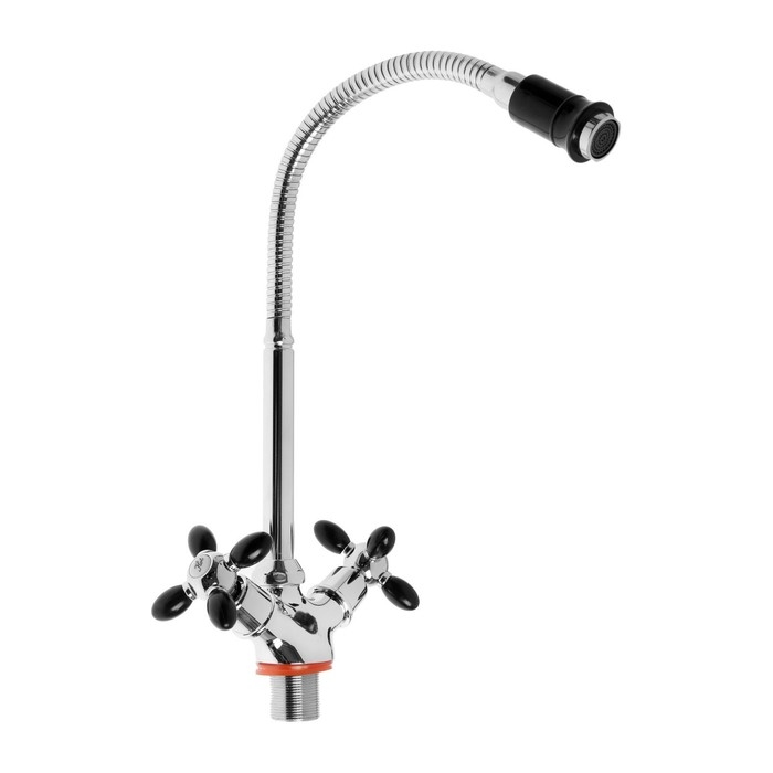 Смеситель для кухни ZEIN ZC2029, двухвентильный, гибкий излив, кран-букса латунь 1/2 Смеситель для кухни ZEIN ZC2029, двухвентильный, гибкий излив, кран-букса латунь 1/2", черный/хром