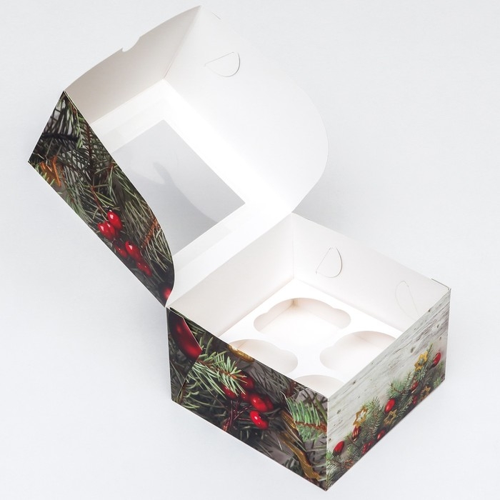 Новый год. Коробка для 4 капкейка с окном "Вперед за мечтой!", 16 х 16 х 10 см, упаковка