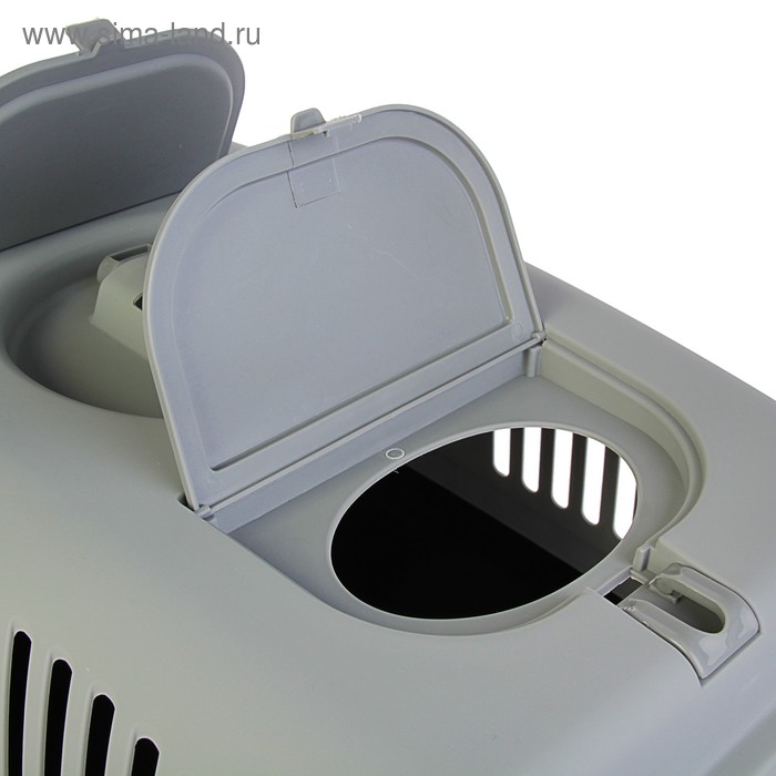 Переноска для животных с 2 люками и креплением для наплечного ремня 58х37х37, до 12 кг, серо-чёрная