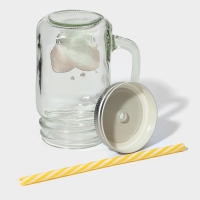 Кружка стеклянная Доляна «Котик», 450 мл, 10×7,5×13 см, с ручкой, крышкой и трубочкой Кружка стеклянная Доляна «Котик», 450 мл, 10×7,5×13 см, с ручкой, крышкой и трубочкой