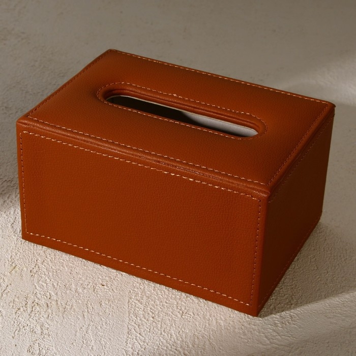 Шкатулка - диспенсер из искусственной кожи, цвет охра 10 х 18 х 10 см (салфетница)