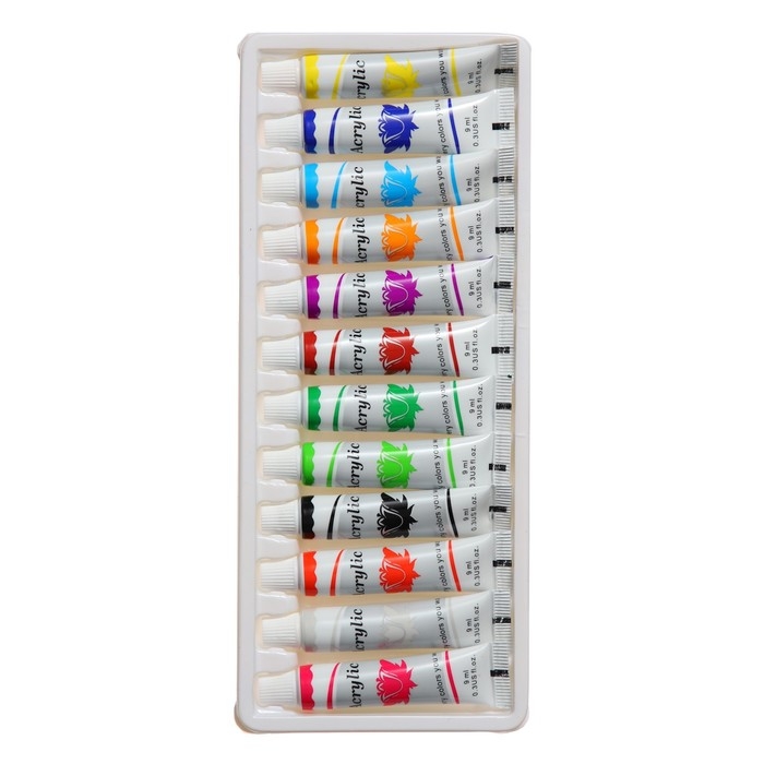 Краски акриловые, 12 цветов, в пластиковой тубе, 9 мл, в картонной коробке Краски акриловые, 12 цветов, в пластиковой тубе, 9 мл, в картонной коробке