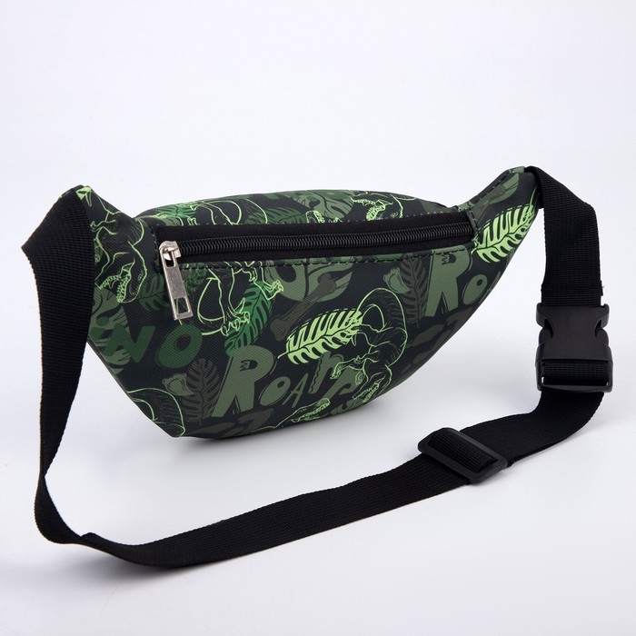 Сумка детская поясная для мальчика &laquo;Динозавры&raquo;, на молнии, наружный карман, цвет зелёный