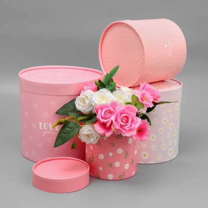 Набор шляпных коробок 4 в 1, упаковка подарочная, &laquo;Ромашки&raquo;, 12 х 12 - 20 х 20 см