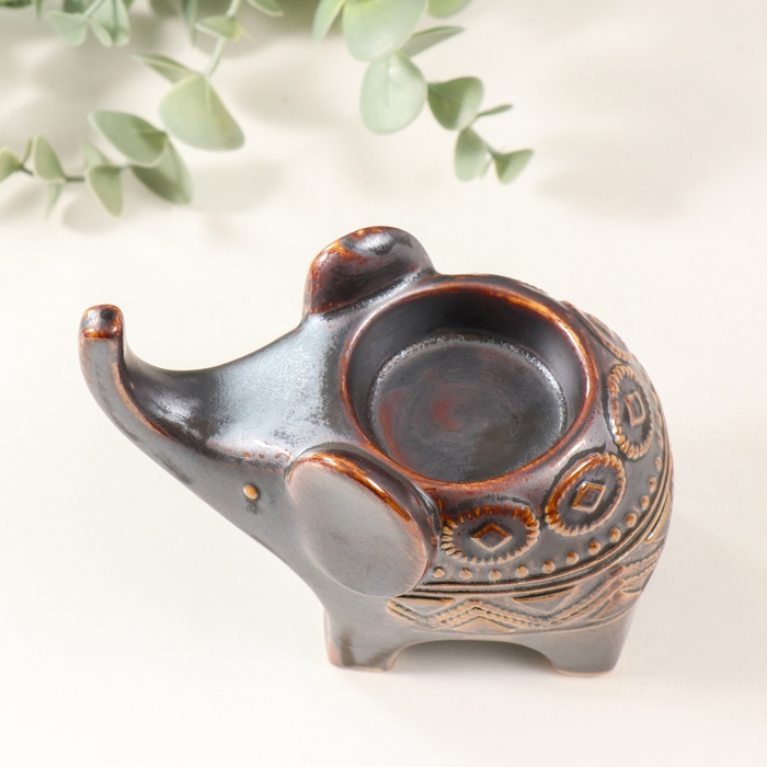 Подсвечник керамика на 1 свечу "Слонёнок. Этнические узоры" коричневый 7х11,5х10,5 см