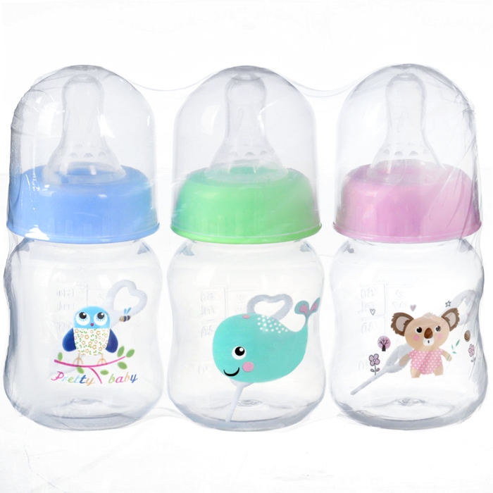 Бутылочка для кормления, 60 мл, +3 мес., цвет МИКС (фасовка по 3шт)