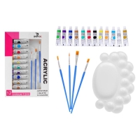 Краски акриловые, 12 цветов в пластиковой тубе, 12 мл, в картонной коробке, 4 кисти, палитра Краски акриловые, 12 цветов в пластиковой тубе, 12 мл, в картонной коробке, 4 кисти, палитра