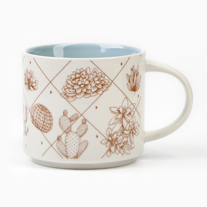 Кружка керамическая с крышкой и ложкой &laquo;Кактусы&raquo;, 470 мл, цвет бежевый