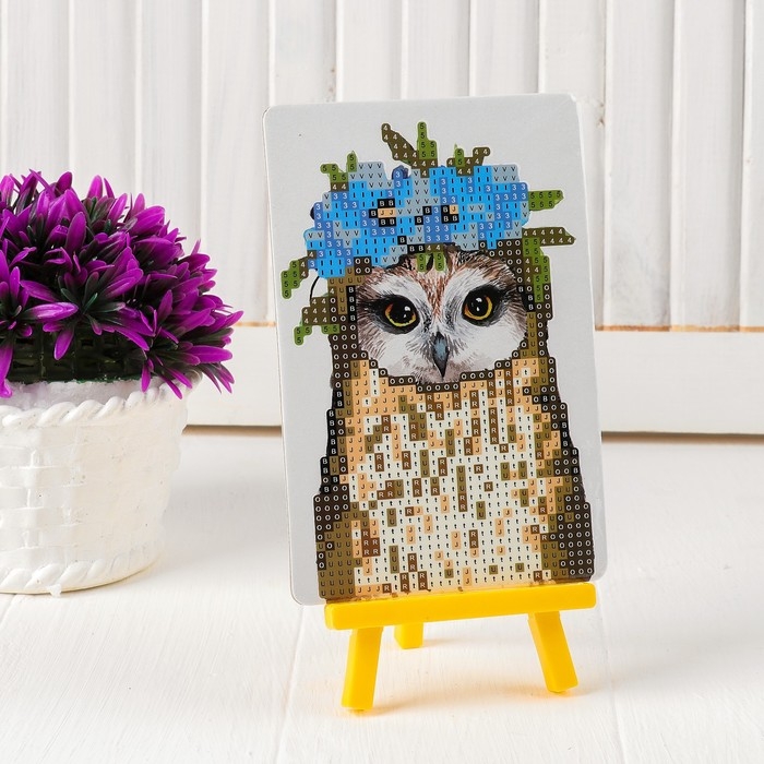 Алмазная вышивка &laquo;Совушка с венком из цветов&raquo;, с частичным заполнением, с подставкой, 10 &times; 15 см