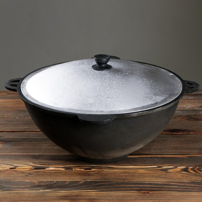 Казан чугунный, 12 л, плоское дно, алюминиевая крышка Казан чугунный, 12 л, плоское дно, алюминиевая крышка