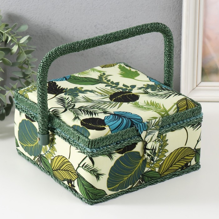 Шкатулка для рукоделия Шкатулка для рукоделия "Тропические листья на зелёном" 20х20х11 см