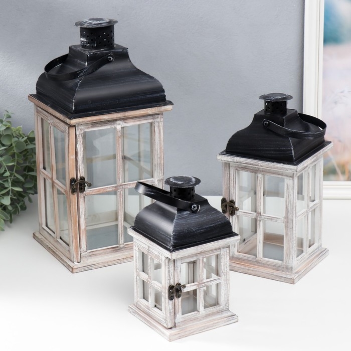 Подсвечник дерево Подсвечник дерево "Фонарь- окна" серый набор 3 шт 21,5х11,5х11,5 28,5х13,2х13,2 38х18х18 см 737234