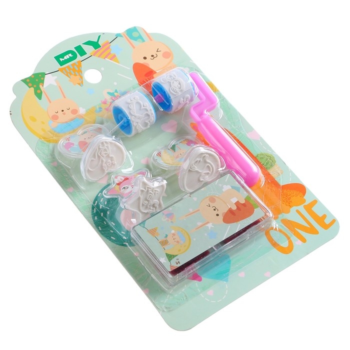 Печать цветная &laquo;Зайка&raquo;, набор 3 шт., ролик-печать с 2 насадками, штемпельная подушка