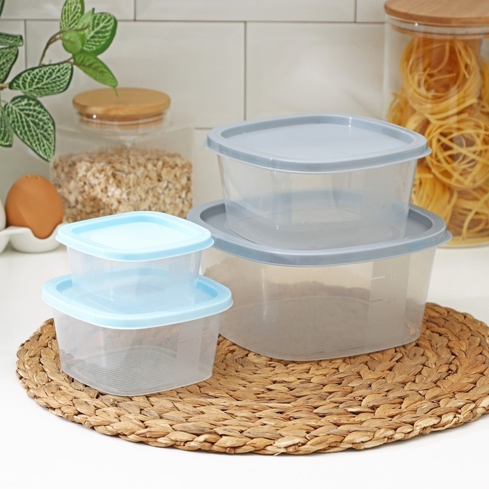 Набор контейнеров пищевых RICCO, 4 шт: 230 мл, 500 мл, 900 мл, 1,55 л, квадрат, цвет ассорти