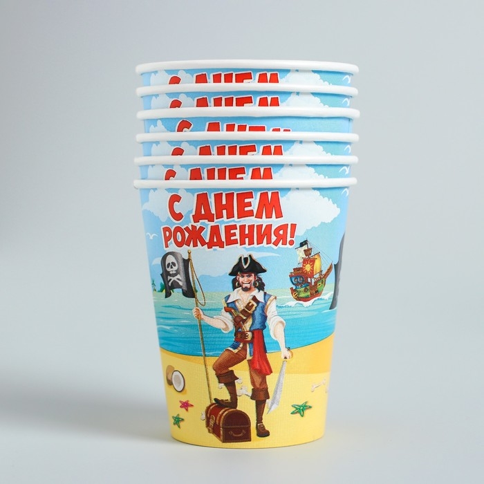 Набор бумажной посуды одноразовый С днём рождения. Бравый пират&raquo;, 6 тарелок, 6 стаканов, 6 колпаков, 1 гирлянда