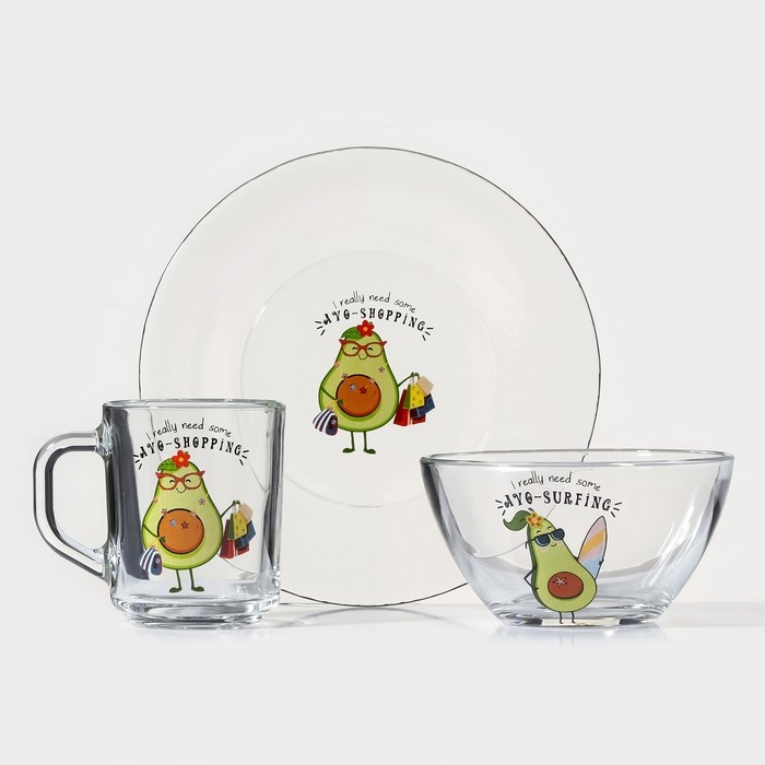 Набор для завтрака &laquo;Авокадо&raquo;, 3 предмета: кружка 200 мл, салатник 450 мл, тарелка, рисунок микс