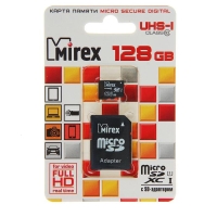 Карта памяти Mirex microSD, 128 Гб, SDXC, UHS-I, класс 10, с адаптером SD Карта памяти Mirex microSD, 128 Гб, SDXC, UHS-I, класс 10, с адаптером SD