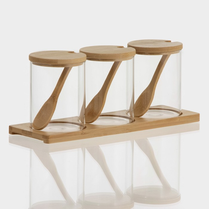 Банки стеклянные для хранения сыпучих продуктов &laquo;Эко&raquo;, 450 мл, 3 шт, с бамбуковой крышкой