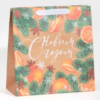 Пакет подарочный новогодний крафтовый квадратный &laquo;С Новым годом&raquo;, 30 х 30 х 12 см, Новый год