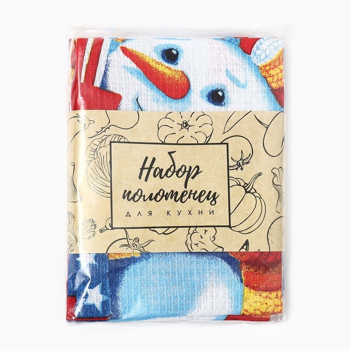 Набор полотенец "Доляна" Снеговик 35х60см-3шт., 100% хл, вафельное полотно 162г/м2