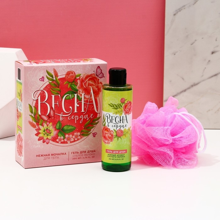 Подарочный набор косметики &laquo;Весна в сердце&raquo;, гель для душа 200 мл и мочалка, ЧИСТОЕ СЧАСТЬЕ