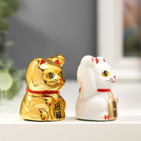Сувенир керамика "Кот Манэки-нэко белый и золотой" набор 2 шт 5х3,3х3 см Сувенир керамика "Кот Манэки-нэко белый и золотой" набор 2 шт 5х3,3х3 см